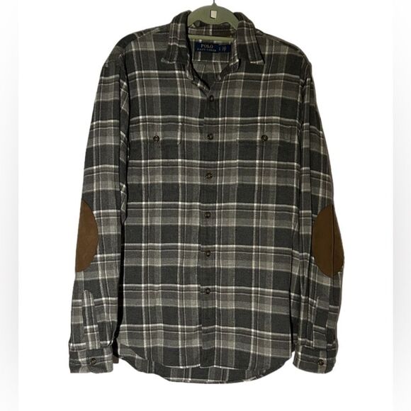 Polo Ralph Lauren Gray Plaid Cotton Elbow Patch Flannel Shirt Size Large - Picture 1 of 10